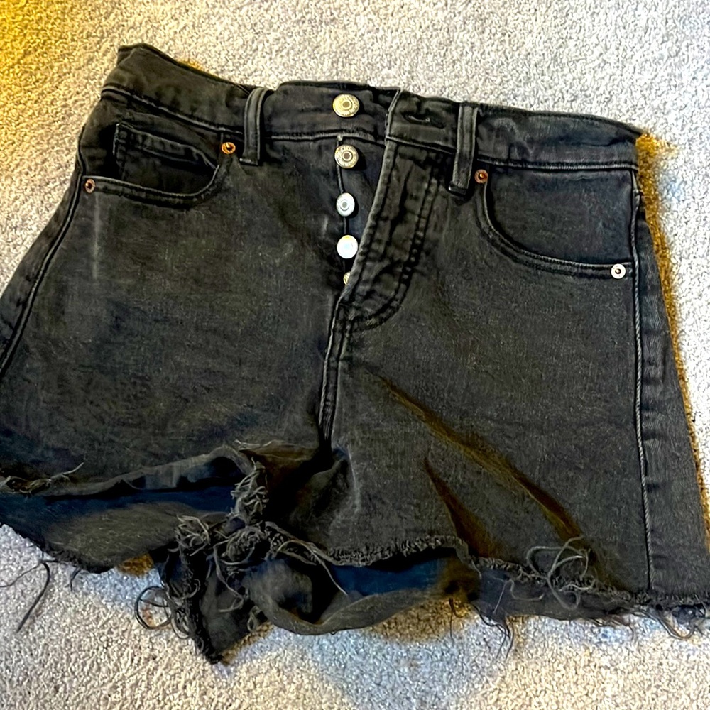 Black high waisted distressed jean shorts